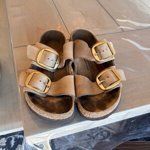 Birkenstock Tan Suede Double-Buckle Sandals with Gold Buckles